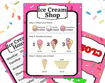 Ice Cream Play Menu, Ice Cream Store Menu, Pretend Play Food Printable, Pretend Menu with or without Prices