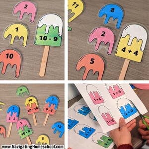 May include: A set of colorful popsicle-shaped paper cutouts with math problems written on them. The cutouts are designed for a classroom activity or homeschooling.