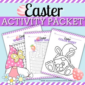 May include: A printable Easter activity packet with three worksheets: a word search, a bunny maze, and a coloring sheet. The word search features a pink gnome with a butterfly on its hat. The bunny maze features a pink bunny with a carrot. The coloring sheet features a gnome with bunny ears holding a carrot.
