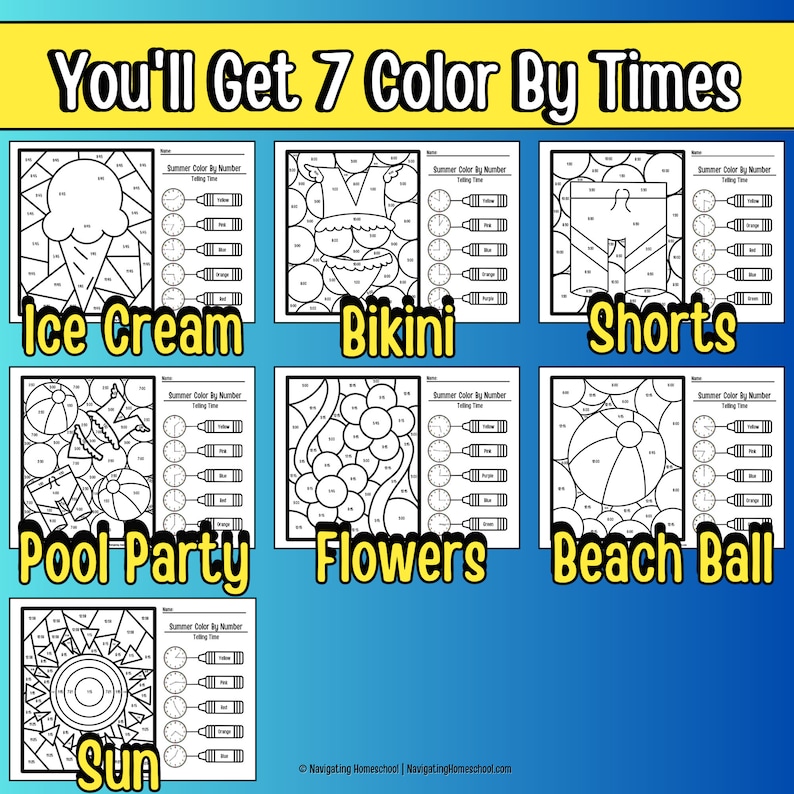 Summer Color by Number Telling Time, Color by Number for Kids, Summer ...