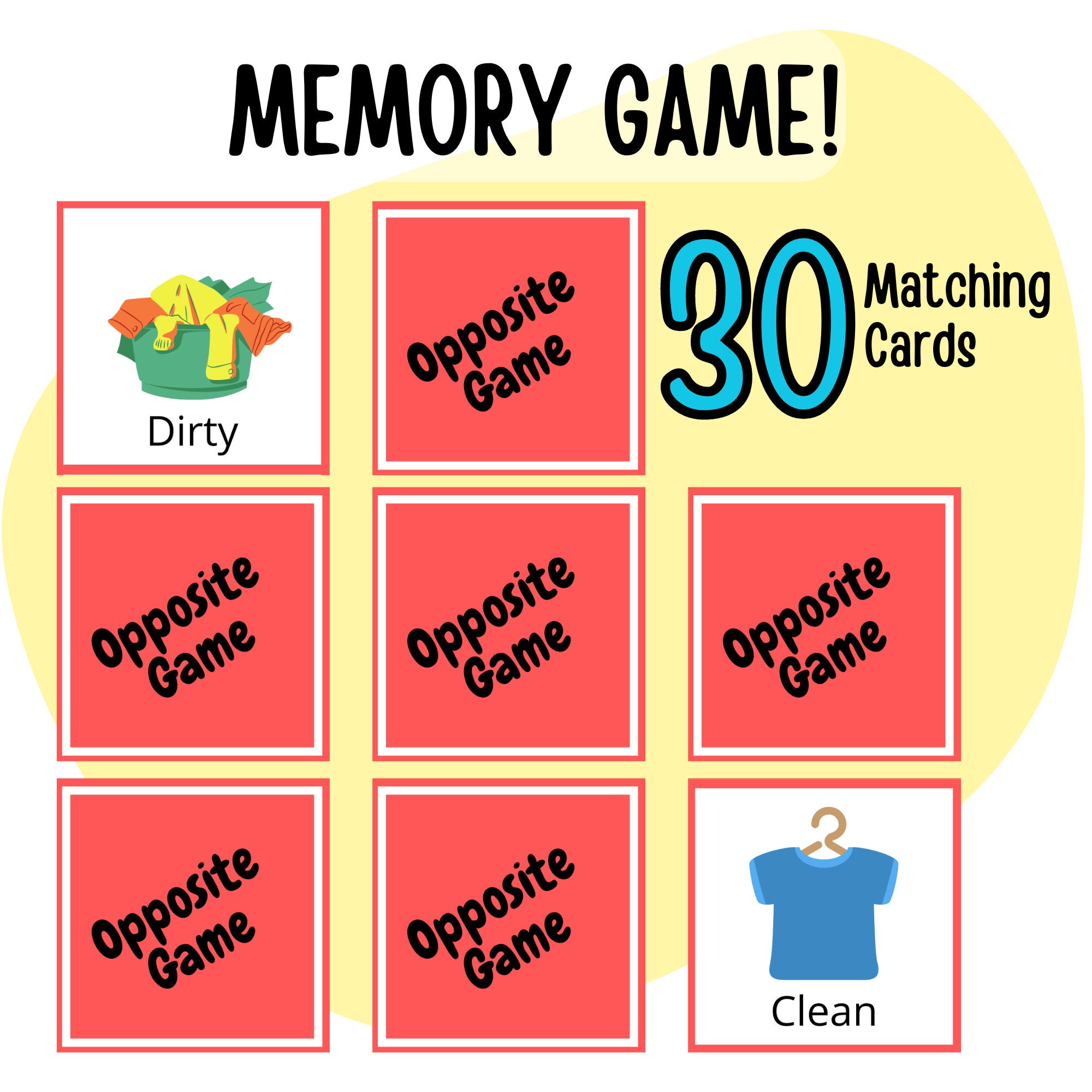 Opposite Matching Cards Game, Memory Game, Flash Cards, Pairing Cards