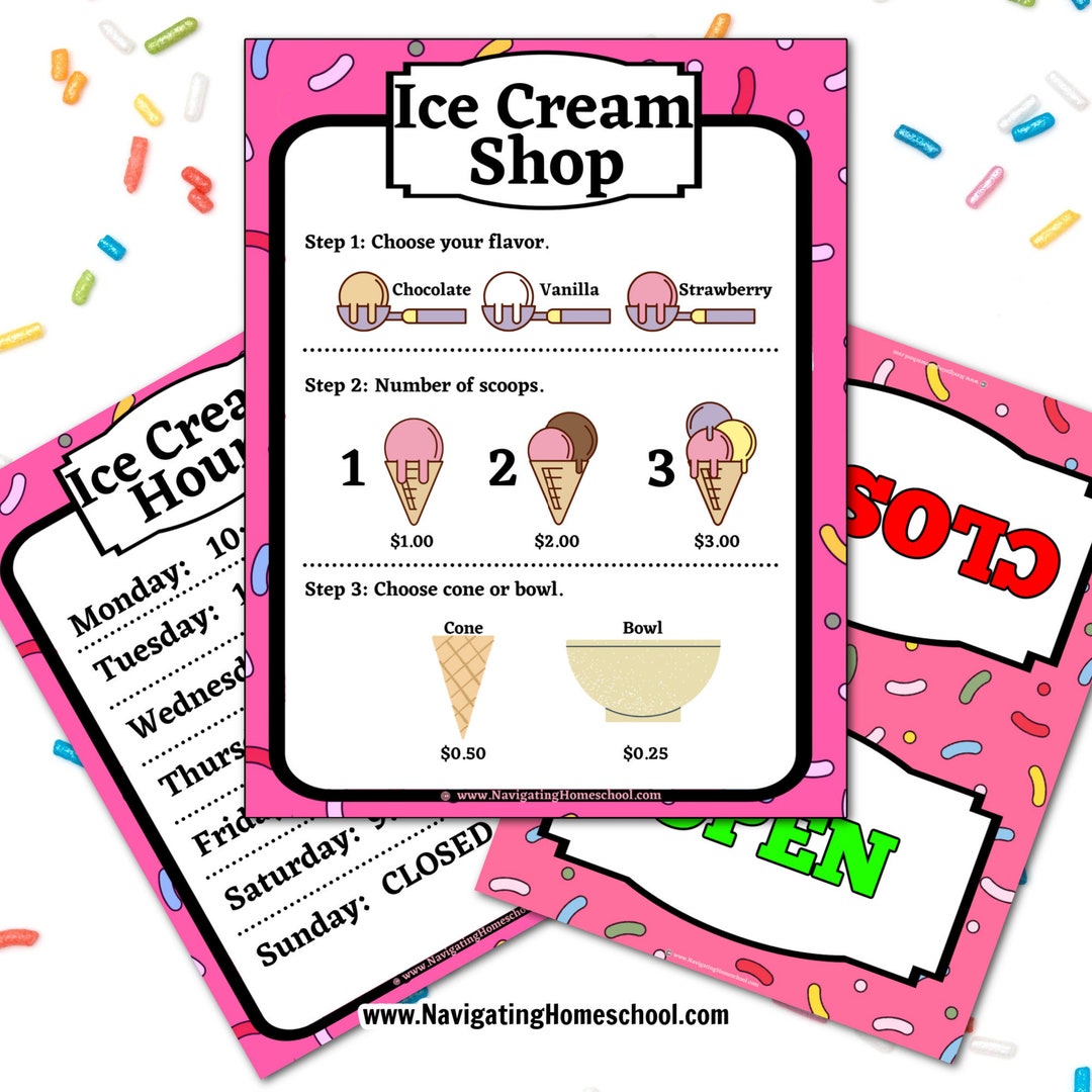 Ice Cream Play Menu, Ice Cream Store Menu, Pretend Play Food Printable