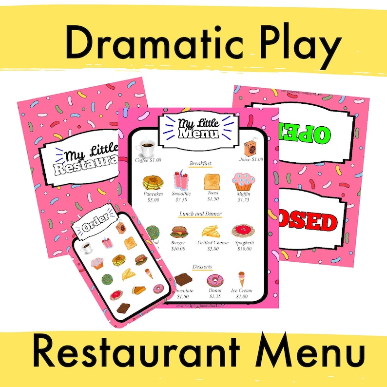 Kids Restaurant Play Menu Pretend Play Menu Play Kitchen Accessories Dramatic Play PDF image 1