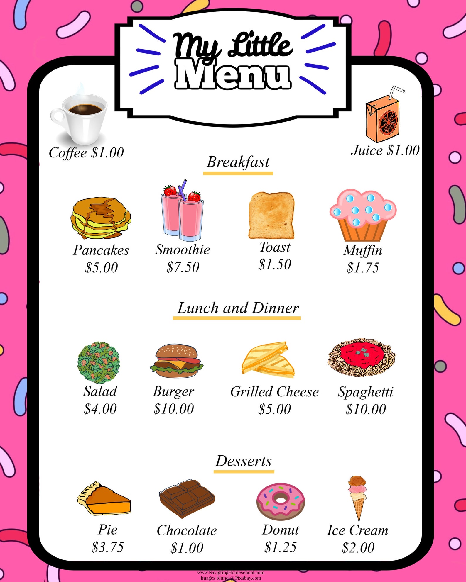Kids Restaurant Play Menu Pretend Play Menu Play Kitchen Etsy