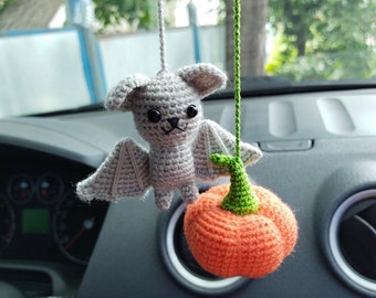 Car mirror hanger crochet pumpkin and tiny bat