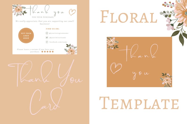 Floral Thank You Card Template Canva Thank You Editable - Etsy