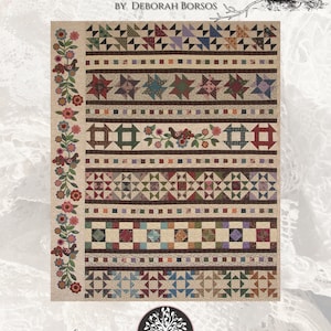 May include: A colorful quilt with the text "Cobblestone Way" and "A Row by Row Journey" by Deborah Borsos. The quilt features various geometric patterns, including stars, squares, and triangles, in shades of red, blue, green, and brown. A floral border runs along the left side.