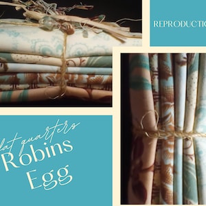 Reproduction Fat Quarter fabric bundle - 6 FQs in cream, brown, and robin&#39;s egg blue.
