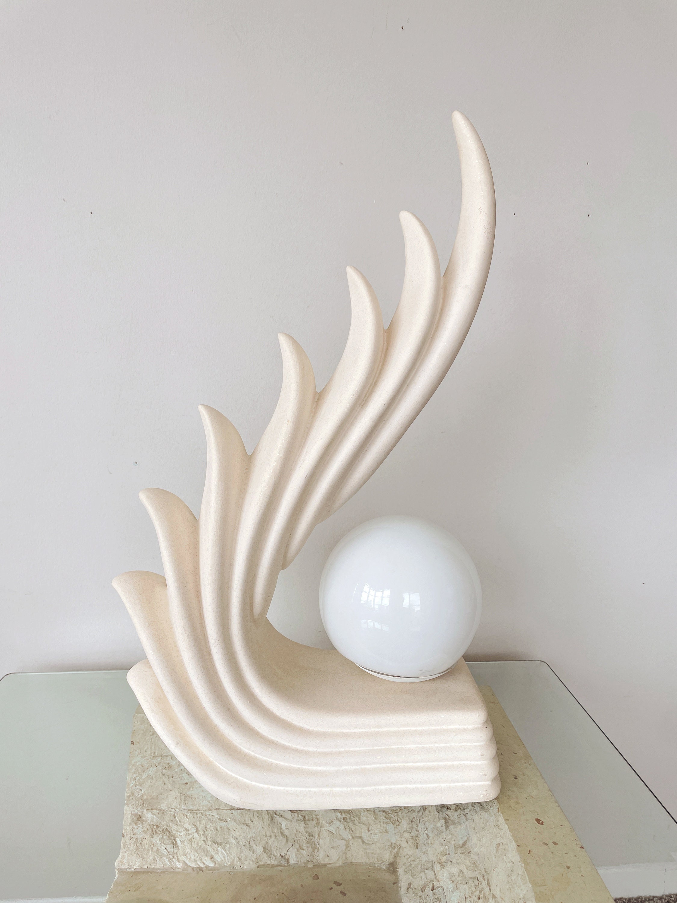 Vintage 80s Art Deco Ceramic Wave Wing Flame Lamp 
