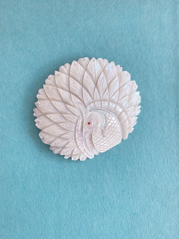 Vintage 1960s Mother of Pearl Peacock Pin 2” - image 1