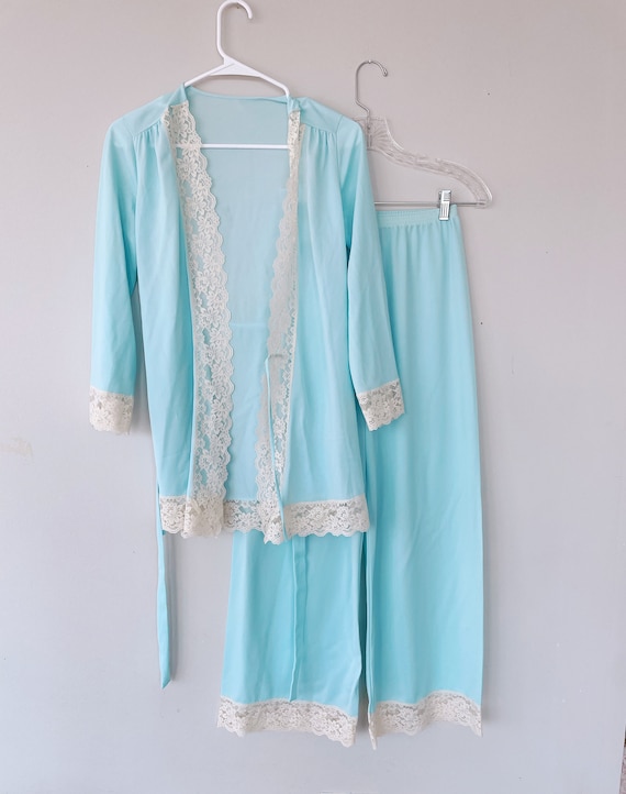 Vintage 1960s Blue Pajama Robe and Pant set size S - image 1