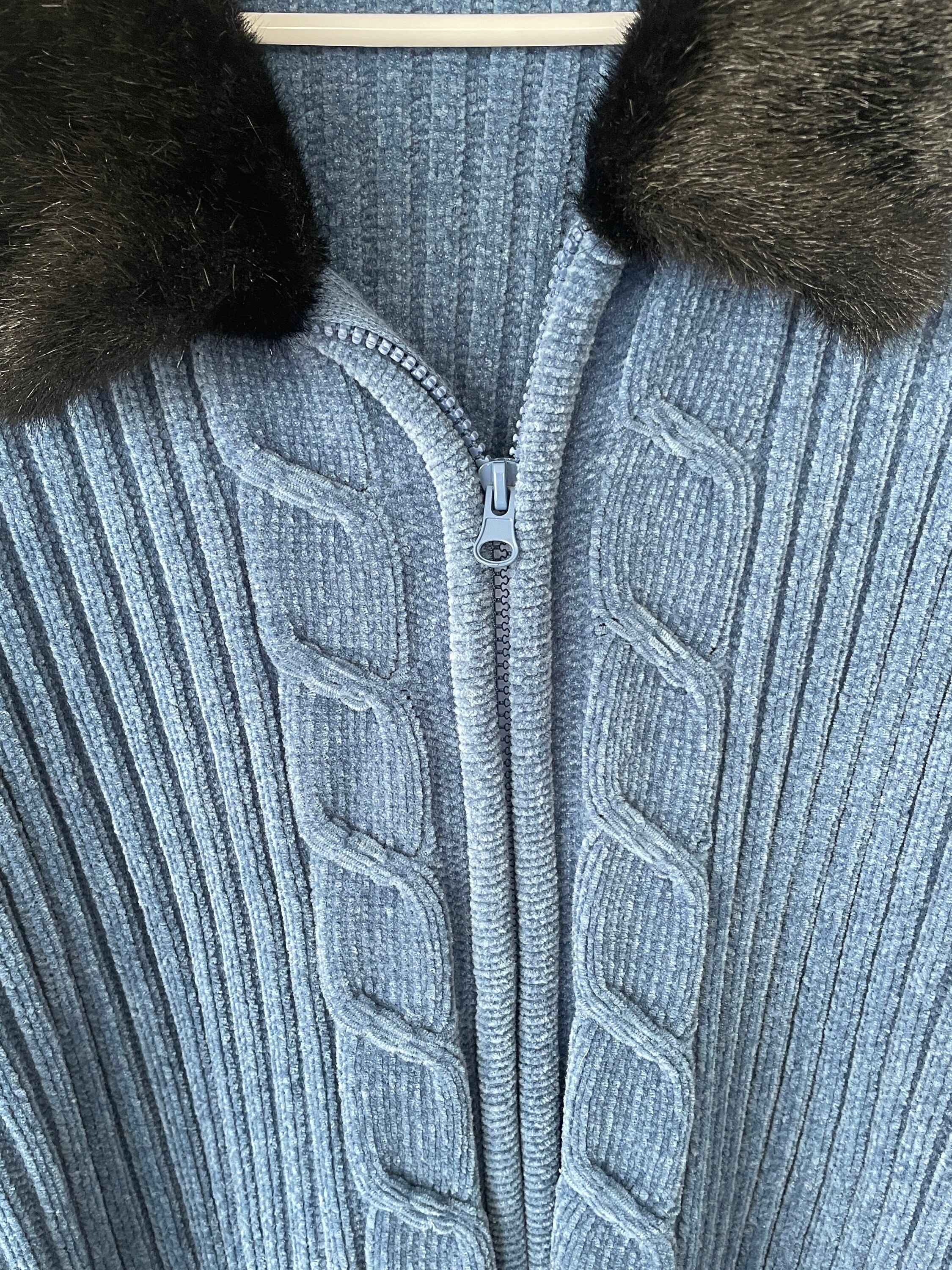 Vintage 90s Blue Cable Knit Zip up Cardigan Sweater With Fur