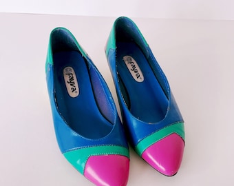 Vintage 1980s Fayva Blue, Green, Pink and Yellow Flat Shoes Womens Size 6