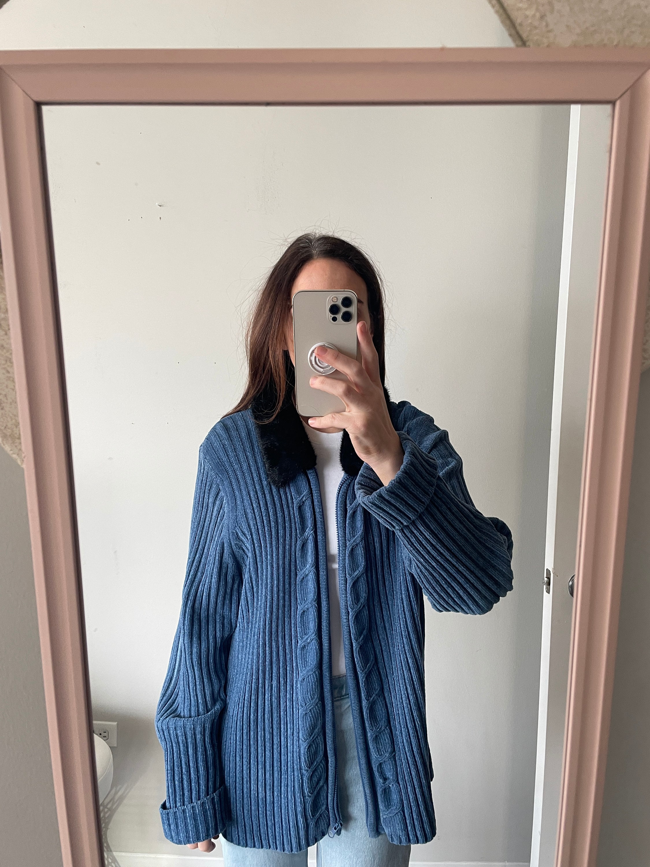Vintage 90s Blue Cable Knit Zip up Cardigan Sweater With Fur