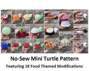 Patrones de crochet: Mini tortuga sin costuras con temática alimentaria, 18 variaciones: frutas, dulces y comidas saladas