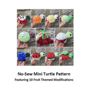 May include: Ten different fruit-themed crochet turtle amigurumi patterns. The turtles are made with fuzzy yarn and feature various fruits like watermelon, kiwi, strawberries, cherries, and oranges.