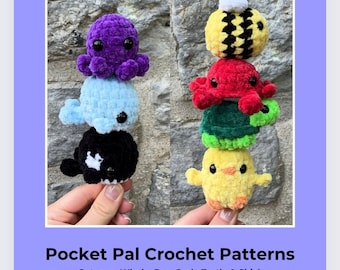 Patrones de crochet de Pocket Pal: mini pulpo, ballena, abeja, cangrejo, tortuga y pollito sin costura