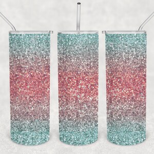 Tea for Two Coral Pink and Aqua Glitter Ombre Sparkle 20oz Skinny Tumbler Design for Sublimation