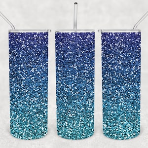 Design de copo skinny Ocean Waves Aqua Teal e Blue Ombre Glitter 20 onças para sublimação