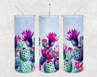 May include: A set of three stainless steel insulated tumblers with a watercolor design of cacti and flowers. The design features teal, purple, and pink cacti against a light blue background. Each tumbler has a silver straw.