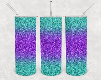 ANPASSAD Teal och Lila Glitter Ombre 20oz Smal Tumbler Design för Sublimering