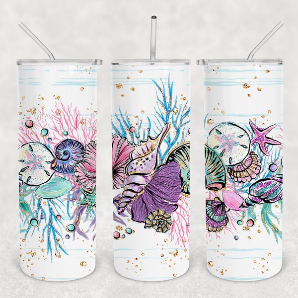 Sea Shell Glitter Beach Vibes 20oz Skinny Tumbler Design for Sublimation