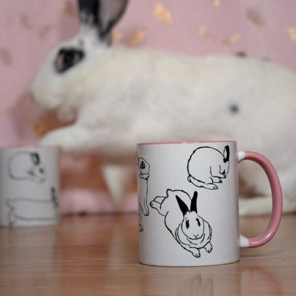 Hand-Sketched Pink Handle Bunny Mug
