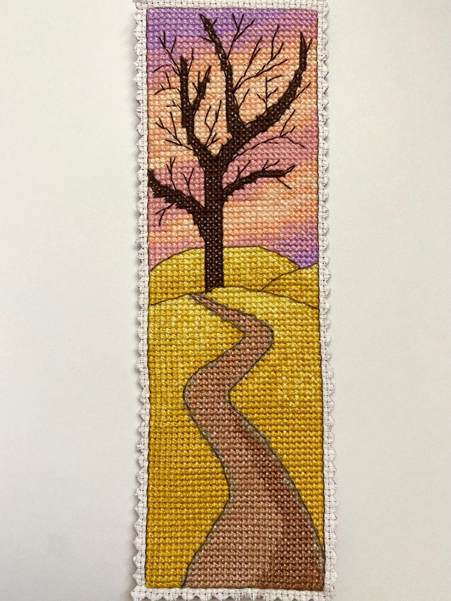 Cross Stitch Bookmark Pattern Tree on Prairie Hill at Sunset Instant Download PDF Counted Cross