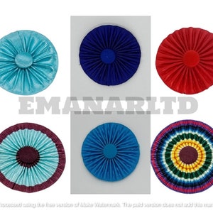 May include: Six different rosette ribbons, each with a unique colour scheme and design. The rosettes are made of fabric and have a pleated or ruffled appearance. The colours include blue, red, yellow, green, and white.
