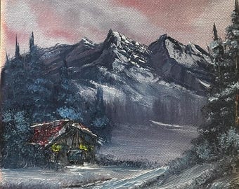 Pintura al óleo original de una cabaña – Paisaje de montaña nevada (8x8)