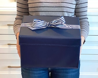 2 Colors: NAVY or PINK Shoebox-Size Reusable Gift Box Collapsible, Grosgrain Ribbon Attached, Zero Waste Sustainable Wrapping EverWrap