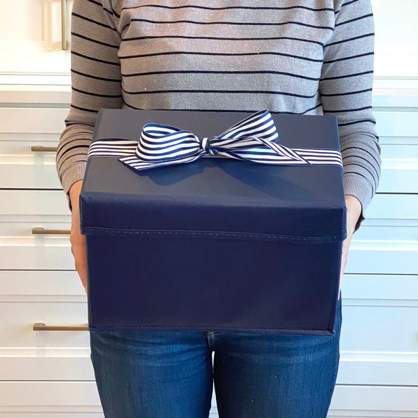 2 Colors: NAVY or PINK Shoebox-Size Reusable Gift Box Collapsible, Grosgrain Ribbon Attached, Zero Waste Sustainable Wrapping EverWrap