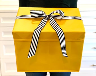 Large Collapsible Reusable Gift Box (YELLOW or RED) Durable w/ attached ribbon, zero waste sustainable gift wrapping