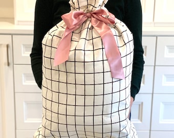 2 Color Options: Cotton Sleigh Bag 27" Tall with Satin Ribbon, Reusable Wrapping Paper for Large Gifts, Reusable Cloth Wrapping Gift Bag