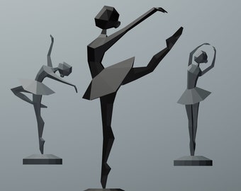 May include: Three black ballerina figurines arranged in a triangular formation. The ballerina in the centre is in a high leg pose, while the other two are in a more relaxed pose. All three figurines are on black bases.