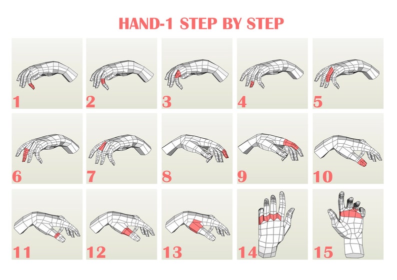 May include: A step-by-step illustration of a hand, labeled "HAND-1 STEP BY STEP." The image shows 15 sequential hand poses, each numbered, with red highlighting specific areas. The hand is depicted in a wireframe style.