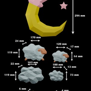 Puede incluir: Colecci&oacute;n de modelos 3D de baja poli, incluyendo una luna creciente amarilla (320 mm de ancho, 298 mm de alto) con punta rosa, una estrella rosa, dos ovejas, dos nubes y dos estrellas doradas. Las ovejas miden 163 mm y 100 mm de ancho.