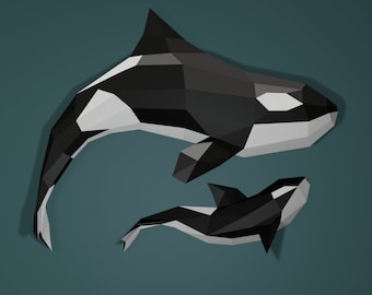 ORCA and baby-orca, Paper Craft ORCA whale , paper craft template, paper craft,Origami killer whale , PDF Pattern, Killer whale