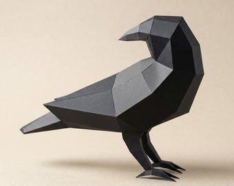 Cuervo de papel, modelo 3D de baja poligonalidad (plantilla SVG y PDF)