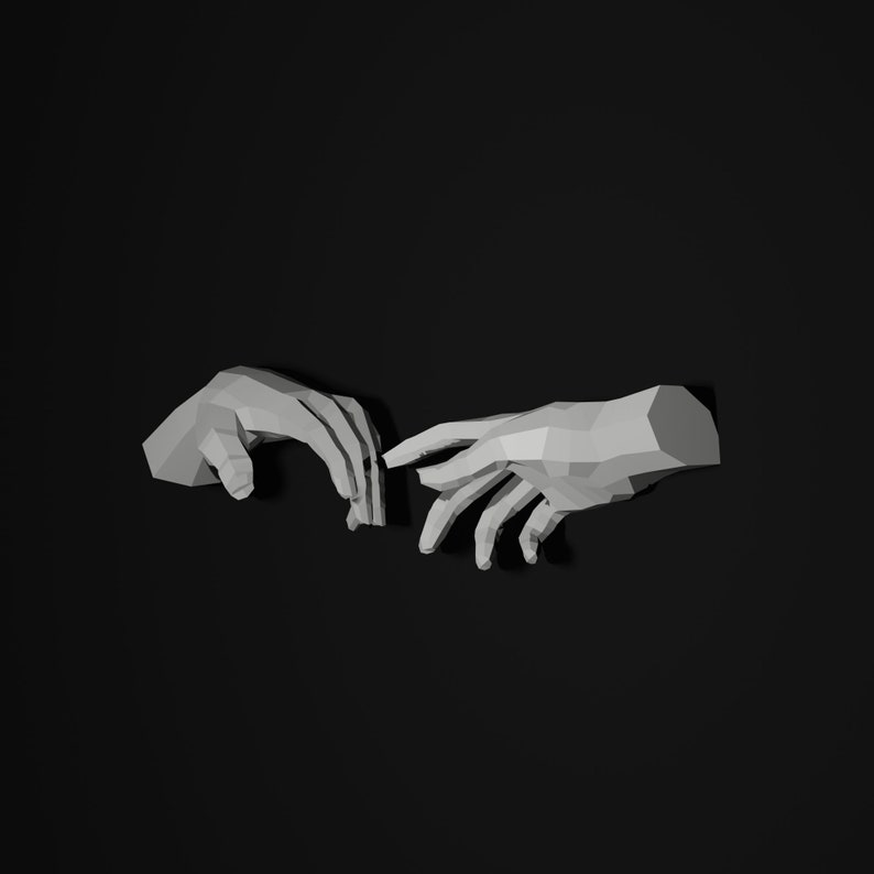 May include: A minimalist, geometric sculpture of two hands, rendered in a light gray color. The hands are positioned as if they are about to touch, set against a stark black background. The artwork has a modern, abstract aesthetic.