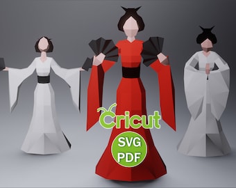 Geisha de papel de baja poligonalidad, escultura de papel 3D (SVG, DXF, PDF)