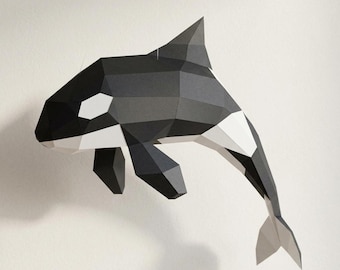 3D Orca Papercraft Template, Big Polygonal Whale Sculpture , DIY Wall Art (SVG/PDF)