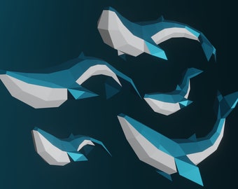 3D Papercraft Whale Family, Polygonal Sculpture Template (PDF, SVG)
