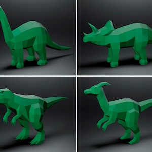 Dinosaurs Set x4 Papercraft, Dinosaur Papercraft Sculpture, Triceratops Origami, Jurassic Park, Dinosaur Gifts, Printable 3D Puzzle, Dino 3D