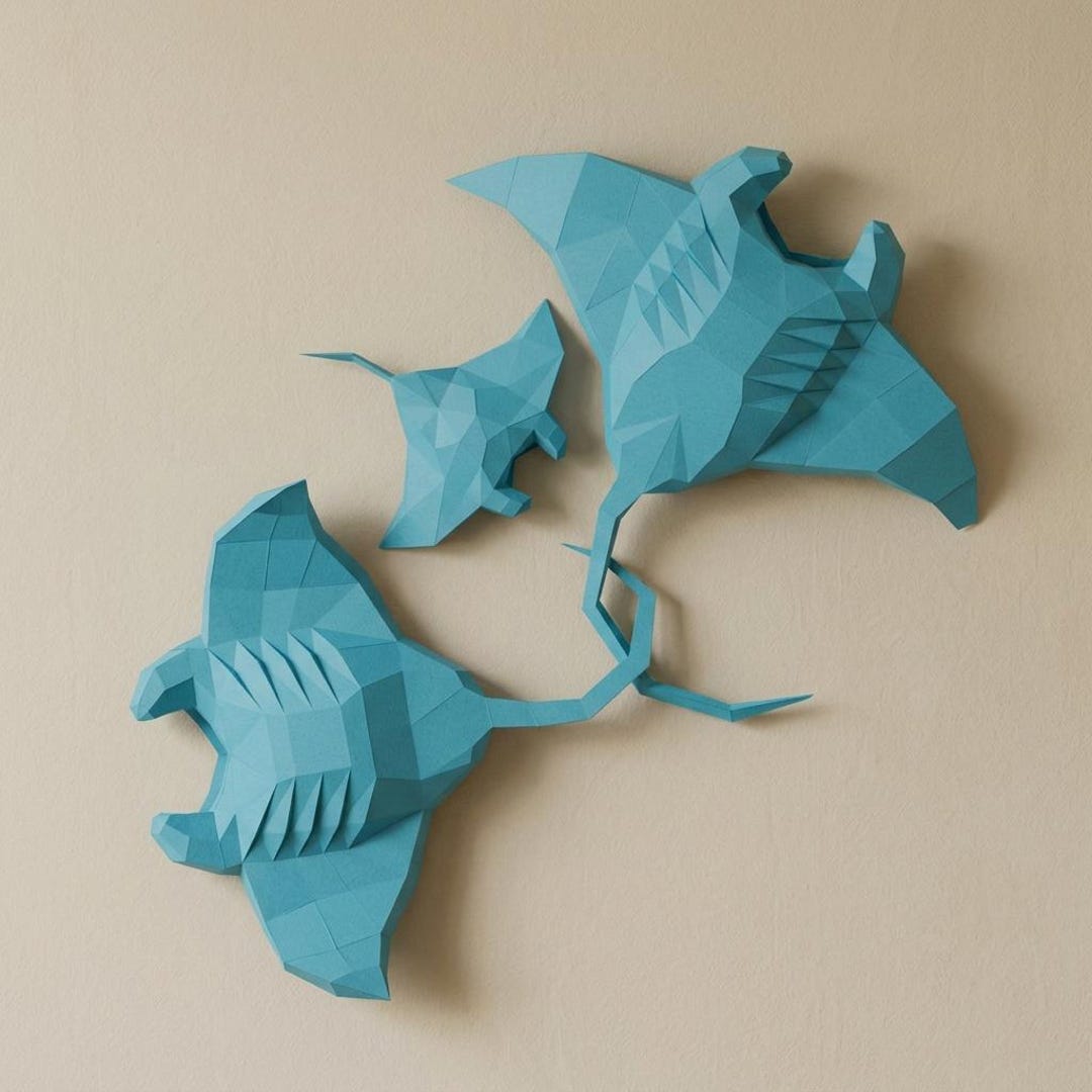 Mantarraya Molde Familia de mantarrayas en papel 3D, decoración de pared de baja poli ...