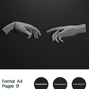 May include: A grayscale papercraft design featuring two hands in a gesture of connection, set against a dark background. The image includes text indicating the format is A4, with 12 pages and an easy skill level. Instructions for cutting, ridge fold, and valley fold are also included.