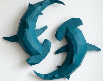 3D Papercraft Hammerhead Shark, Low Poly Sculpture (PDF Download)