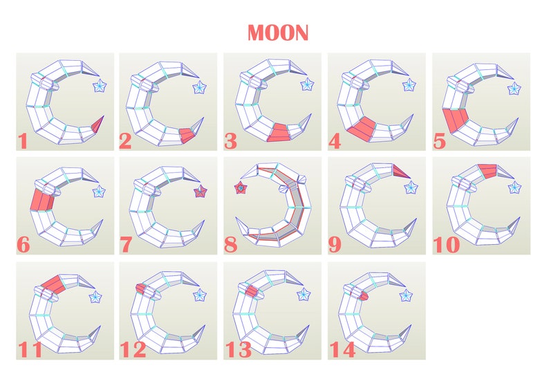 Puede incluir: Catorce ilustraciones de una luna creciente y una estrella. La luna es blanca con contornos azules y detalles rojos. La palabra "MOON" se muestra en rojo en la parte superior de la imagen.