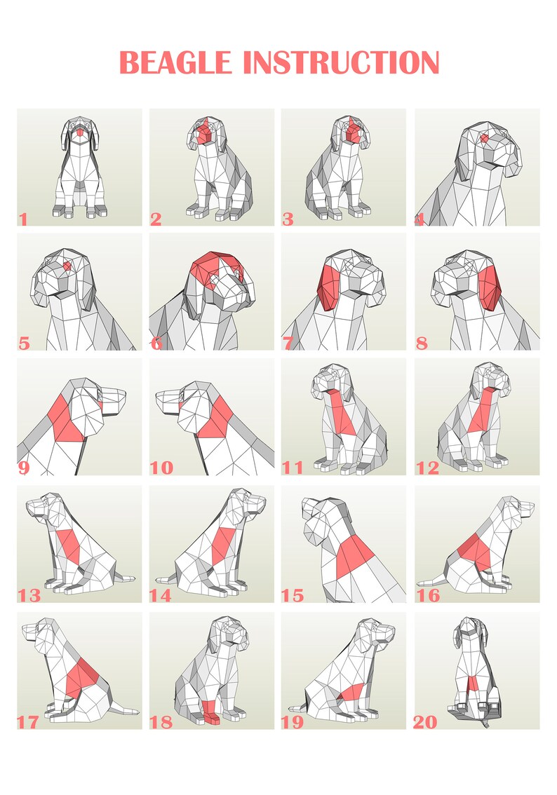 Op de afbeelding: Een stapsgewijze instructiegids voor het construeren van een papieren beagle. De genummerde illustraties tonen het montageproces, met rood gemarkeerde gebieden om te vouwen of te verbinden. De titel "BEAGLE INSTRUCTION" staat bovenaan.