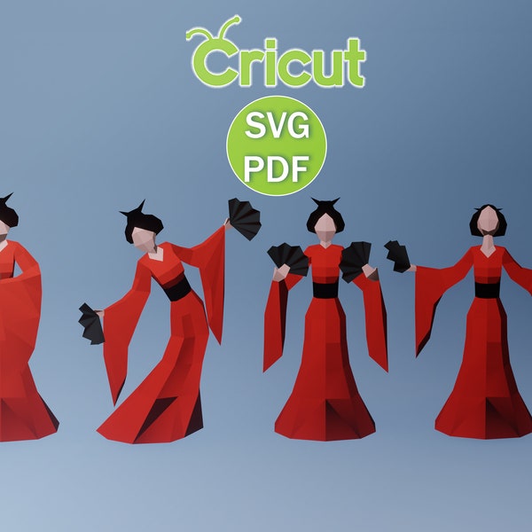 Papercraft Geisha (4) Collection Japanese Woman, SVG, DXF, PDF, Low Poly Papercraft Woman, Paper Geisha Doll, Papercraft Model, Digital 3d